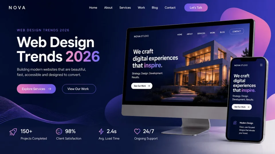Web design trends 2026 illustrated through a modern responsive website